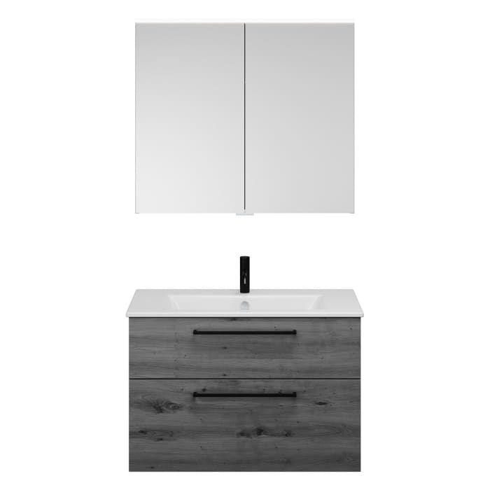 burgbad Eqio Badmöbel-Set 92 cm mit Keramik-Waschtisch Slim und Unterschrank mit Stangengriff G0234, mit Spiegelschrank