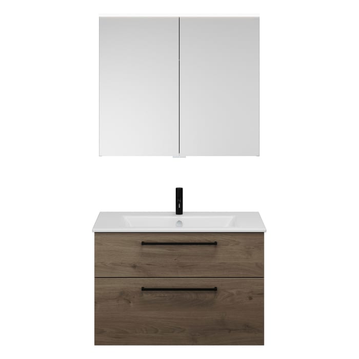 burgbad Eqio Badmöbel-Set 92 cm mit Keramik-Waschtisch Slim und Unterschrank mit Stangengriff G0234, mit Spiegelschrank