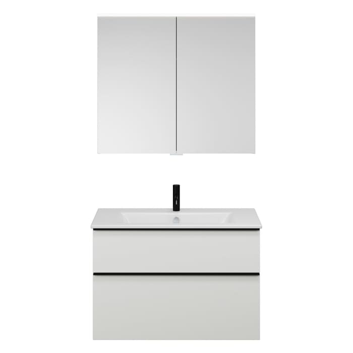 burgbad Eqio Badmöbel-Set 92 cm mit Keramik-Waschtisch Slim und Unterschrank mit Griffleiste G0252, mit Spiegelschrank