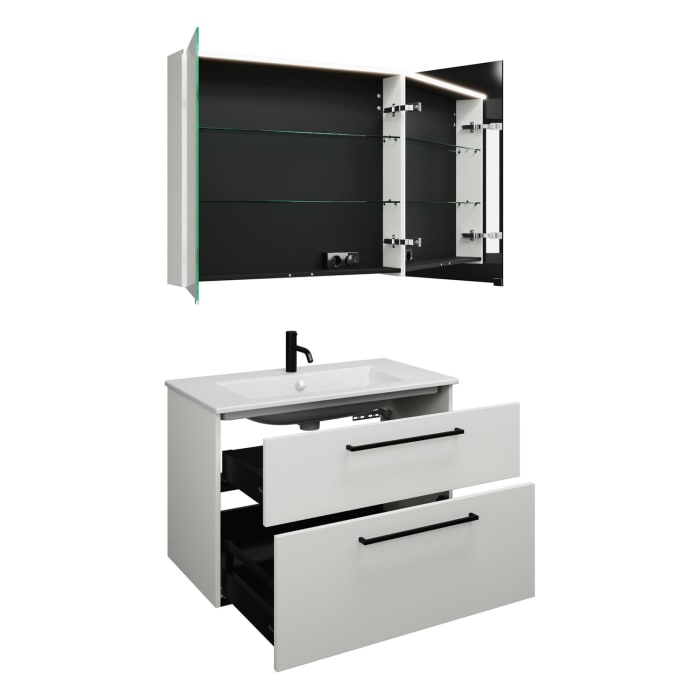 burgbad Eqio Badmöbel-Set 92 cm mit Keramik-Waschtisch Slim und Unterschrank mit Stangengriff G0234, mit Spiegelschrank