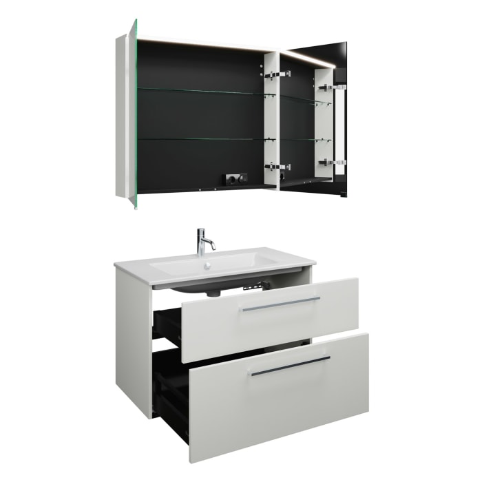 burgbad Eqio Badmöbel-Set 92 cm mit Keramik-Waschtisch Slim und Unterschrank mit Stangengriff P95, mit Spiegelschrank