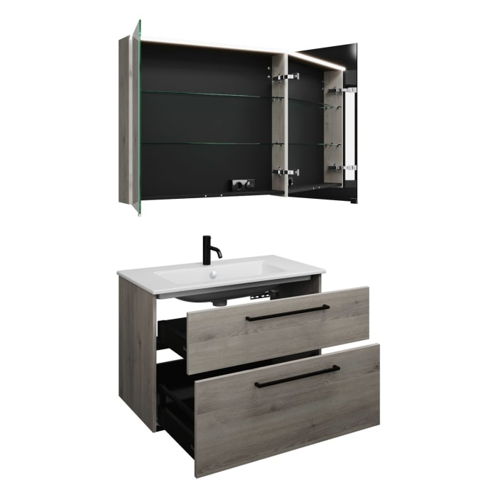 burgbad Eqio Badmöbel-Set 92 cm mit Keramik-Waschtisch Slim und Unterschrank mit Stangengriff G0234, mit Spiegelschrank