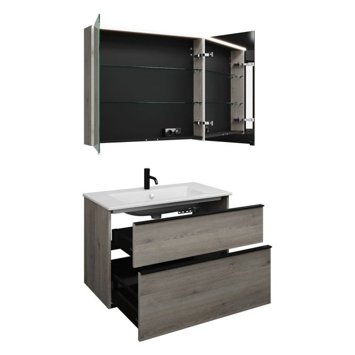 burgbad Eqio Badmöbel-Set 92 cm mit Keramik-Waschtisch Slim und Unterschrank mit Griffleiste G0252, mit Spiegelschrank