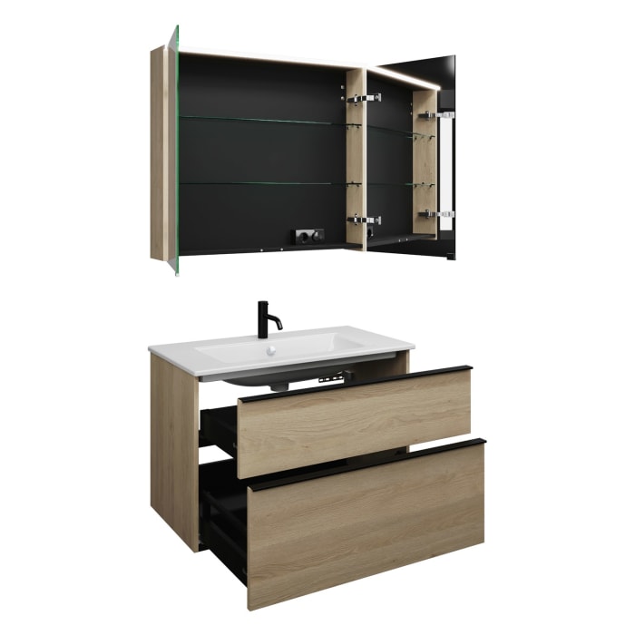 burgbad Eqio Badmöbel-Set 92 cm mit Keramik-Waschtisch Slim und Unterschrank mit Griffleiste G0252, mit Spiegelschrank