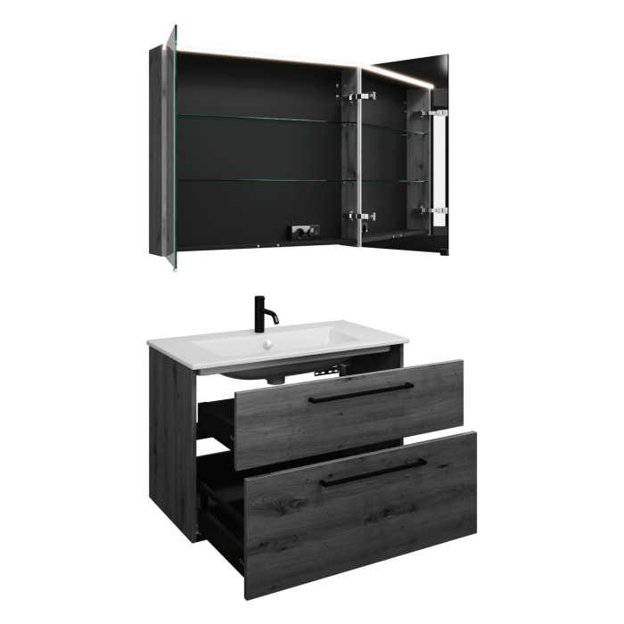 burgbad Eqio Badmöbel-Set 92 cm mit Keramik-Waschtisch Slim und Unterschrank mit Stangengriff G0234, mit Spiegelschrank