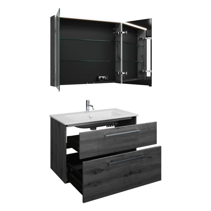 burgbad Eqio Badmöbel-Set 92 cm mit Keramik-Waschtisch Slim und Unterschrank mit Stangengriff P95, mit Spiegelschrank