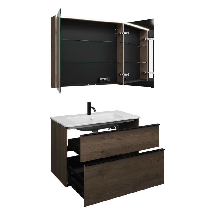 burgbad Eqio Badmöbel-Set 92 cm mit Keramik-Waschtisch Slim und Unterschrank mit Griffleiste G0252, mit Spiegelschrank