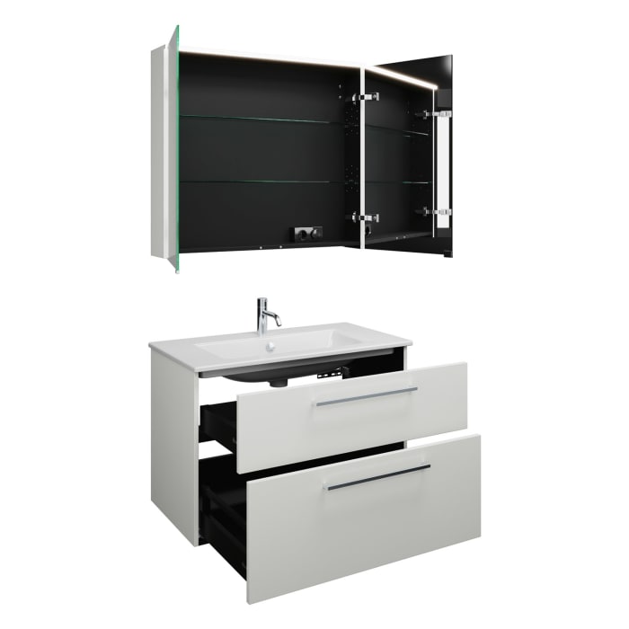 burgbad Eqio Badmöbel-Set 92 cm mit Keramik-Waschtisch Slim und Unterschrank mit Stangengriff P95, mit Spiegelschrank