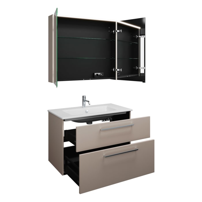 burgbad Eqio Badmöbel-Set 92 cm mit Keramik-Waschtisch Slim und Unterschrank mit Stangengriff P95, mit Spiegelschrank