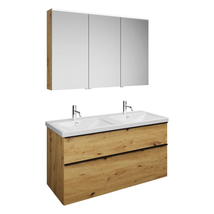 burgbad Eqio Möbelkombination inkl. Keramik-Doppelwaschtisch 123 cm, Doppeltür Spiegelschrank links, mit Griffleiste G0252