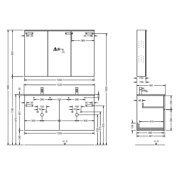burgbad Eqio Badmöbel-Set 122 cm mit Keramik-Doppelwaschtisch Slim und Unterschrank mit Griff G0146, mit Spiegelschrank