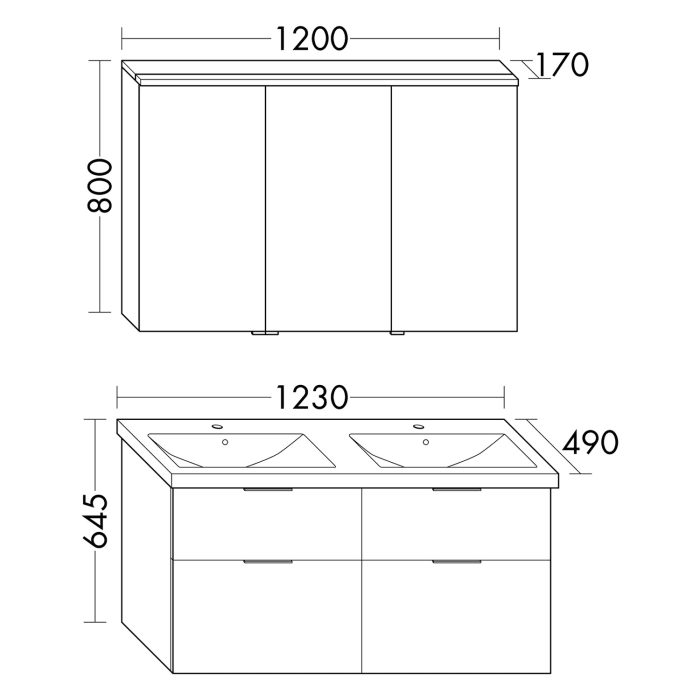 burgbad Eqio Möbelkombination inkl. Keramik-Doppelwaschtisch 123 cm, Doppeltür Spiegelschrank rechts, mit Griffleiste G0252