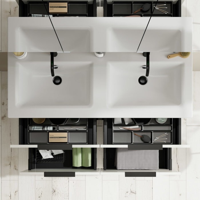 burgbad Eqio Badmöbel-Set 122 cm mit Keramik-Doppelwaschtisch Slim und Unterschrank mit Griff G0200, mit Spiegelschrank