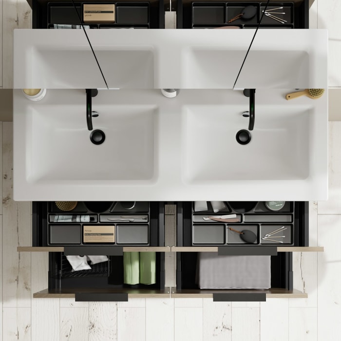 burgbad Eqio Badmöbel-Set 122 cm mit Keramik-Doppelwaschtisch Slim und Unterschrank mit Griff G0200, mit Spiegelschrank