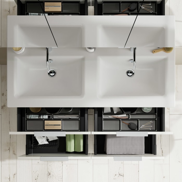 burgbad Eqio Badmöbel-Set 122 cm mit Keramik-Doppelwaschtisch Slim und Unterschrank mit Griff G0146, mit Spiegelschrank