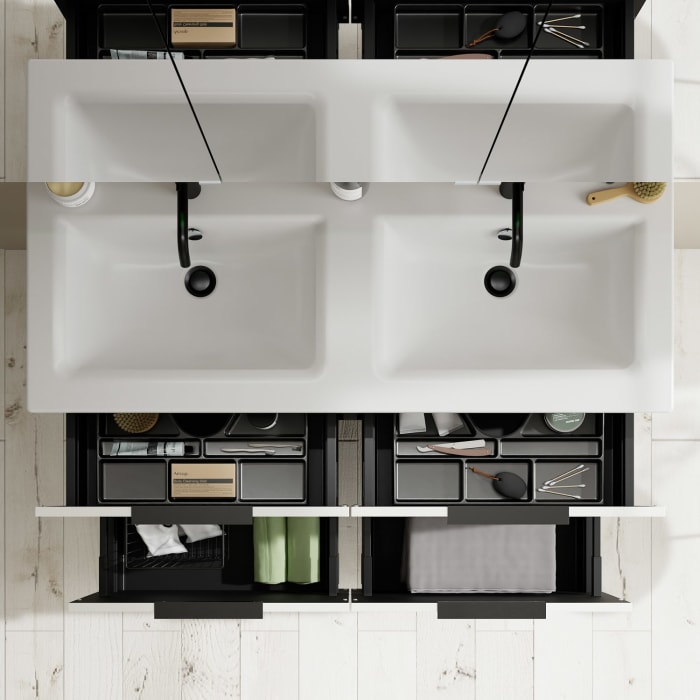 burgbad Eqio Badmöbel-Set 122 cm mit Keramik-Doppelwaschtisch Slim und Unterschrank mit Griff G0200, mit Spiegelschrank