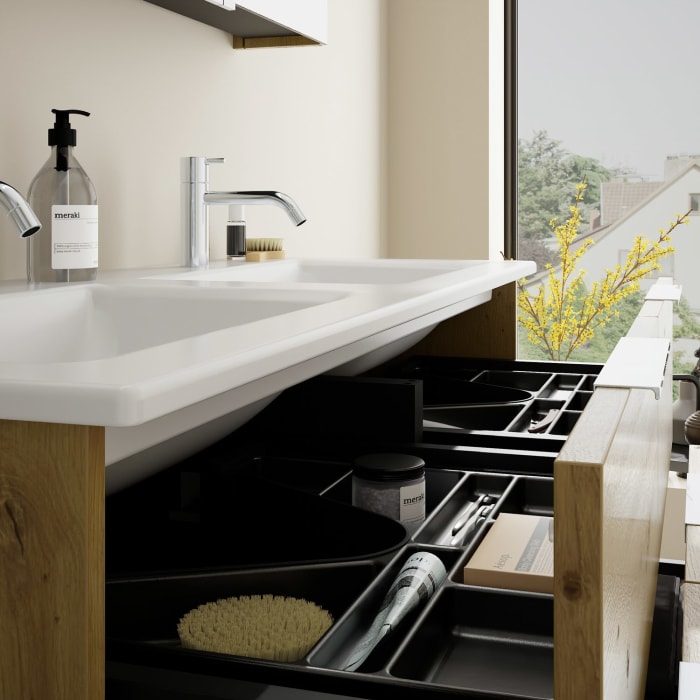 burgbad Eqio Badmöbel-Set 122 cm mit Keramik-Doppelwaschtisch Slim und Unterschrank mit Griff G0146, mit Spiegelschrank