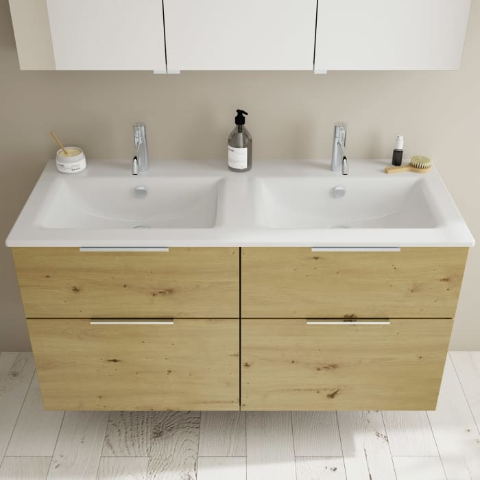 burgbad Eqio Badmöbel-Set 122 cm mit Keramik-Doppelwaschtisch Slim und Unterschrank mit Griff G0146, mit Spiegelschrank