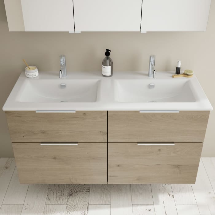 burgbad Eqio Badmöbel-Set 122 cm mit Keramik-Doppelwaschtisch Slim und Unterschrank mit Griff G0146, mit Spiegelschrank