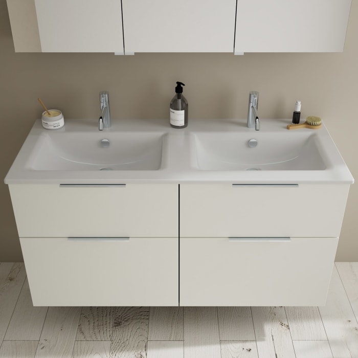 burgbad Eqio Badmöbel-Set 122 cm mit Keramik-Doppelwaschtisch Slim und Unterschrank mit Griff G0146, mit Spiegelschrank