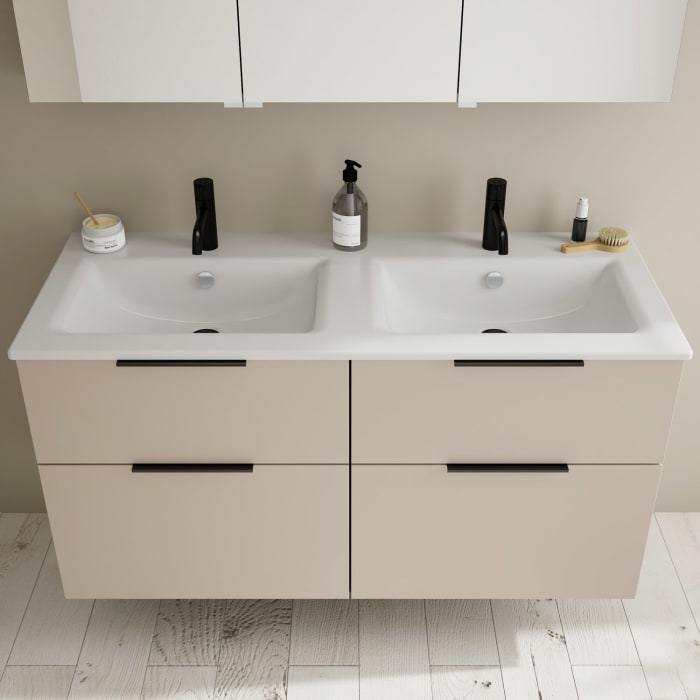 burgbad Eqio Badmöbel-Set 122 cm mit Keramik-Doppelwaschtisch Slim und Unterschrank mit Griff G0200, mit Spiegelschrank