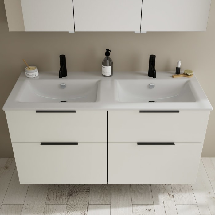 burgbad Eqio Badmöbel-Set 122 cm mit Keramik-Doppelwaschtisch Slim und Unterschrank mit Griff G0200, mit Spiegelschrank