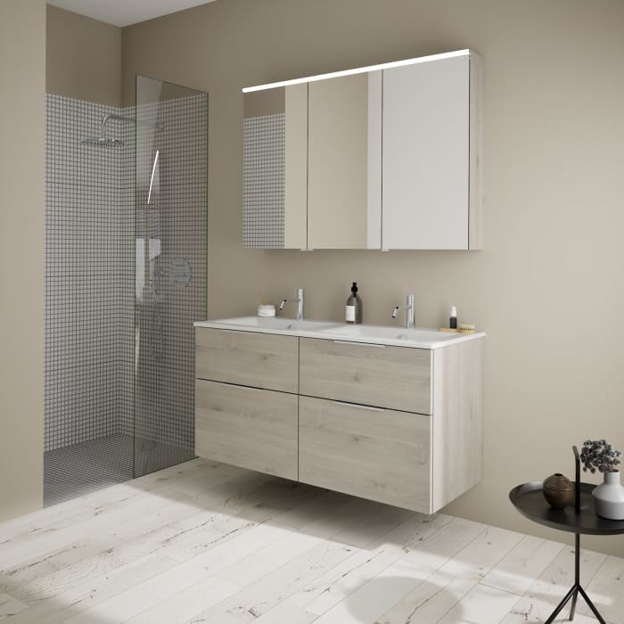 burgbad Eqio Badmöbel-Set 122 cm mit Keramik-Doppelwaschtisch Slim und Unterschrank mit Griff G0146, mit Spiegelschrank