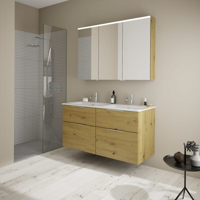 burgbad Eqio Badmöbel-Set 122 cm mit Keramik-Doppelwaschtisch Slim und Unterschrank mit Griff G0146, mit Spiegelschrank