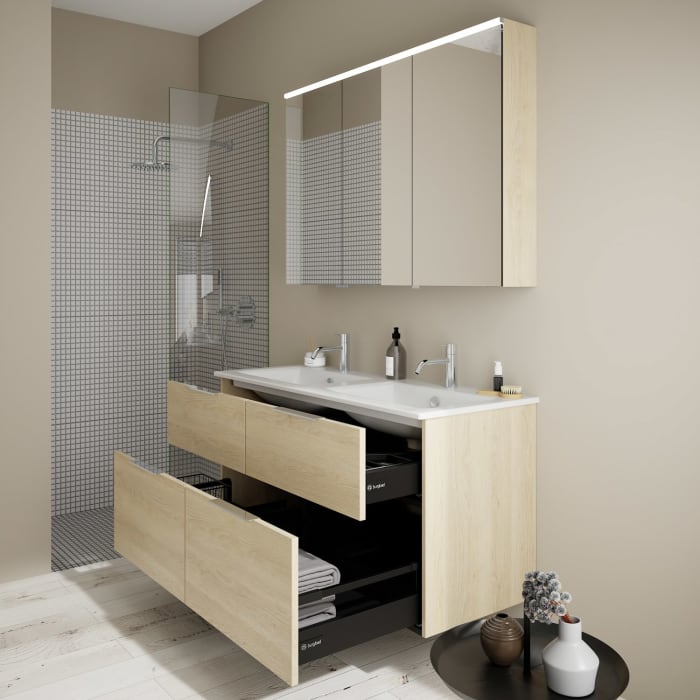 burgbad Eqio Badmöbel-Set 122 cm mit Keramik-Doppelwaschtisch Slim und Unterschrank mit Griff G0146, mit Spiegelschrank