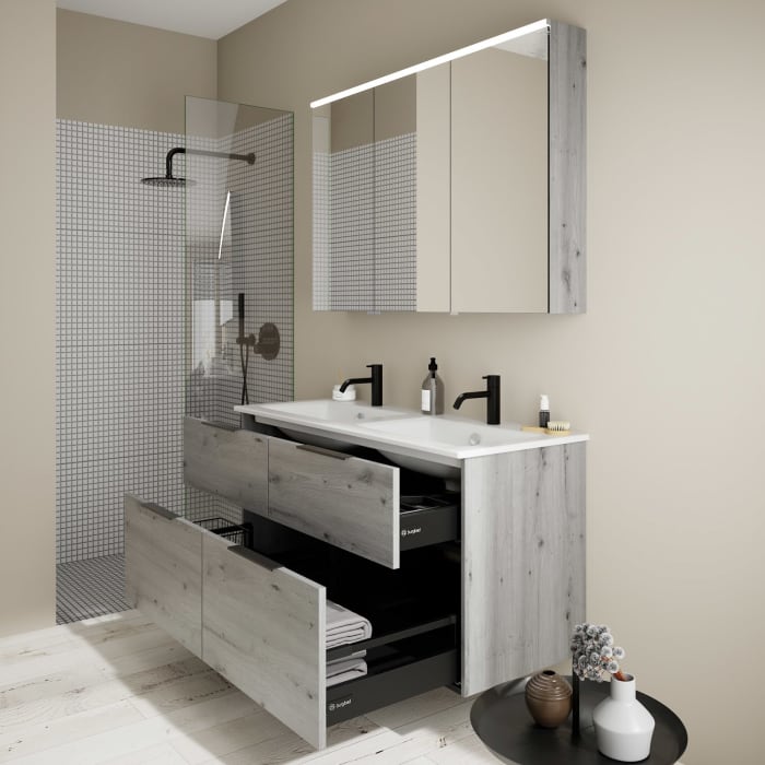 burgbad Eqio Badmöbel-Set 122 cm mit Keramik-Doppelwaschtisch Slim und Unterschrank mit Griff G0200, mit Spiegelschrank