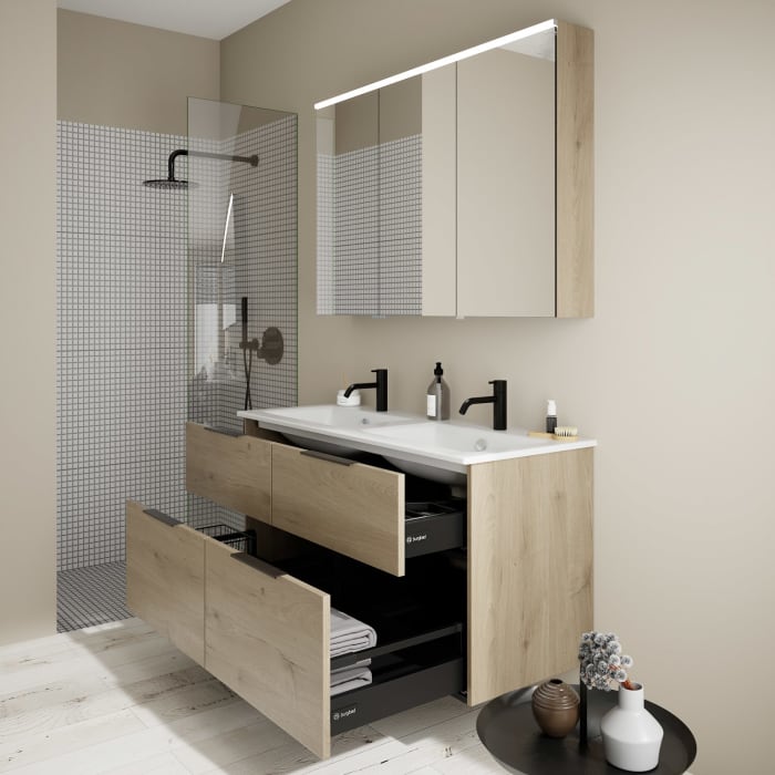 burgbad Eqio Badmöbel-Set 122 cm mit Keramik-Doppelwaschtisch Slim und Unterschrank mit Griff G0200, mit Spiegelschrank