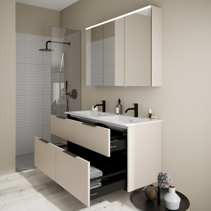 burgbad Eqio Badmöbel-Set 122 cm mit Keramik-Doppelwaschtisch Slim und Unterschrank mit Griff G0200, mit Spiegelschrank