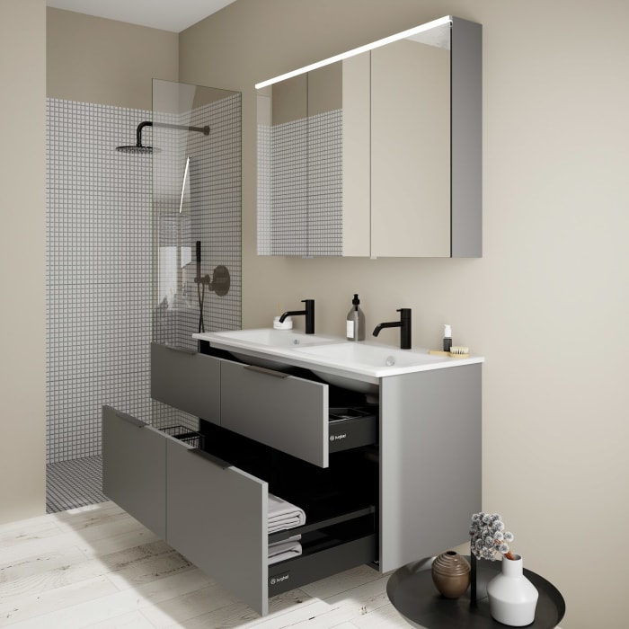 burgbad Eqio Badmöbel-Set 122 cm mit Keramik-Doppelwaschtisch Slim und Unterschrank mit Griff G0200, mit Spiegelschrank