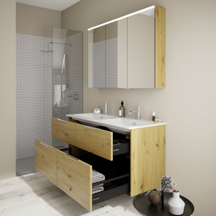 burgbad Eqio Badmöbel-Set 122 cm mit Keramik-Doppelwaschtisch Slim und Unterschrank mit Griff G0146, mit Spiegelschrank