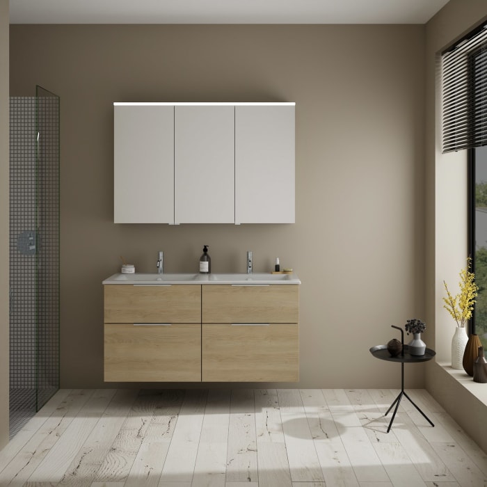 burgbad Eqio Badmöbel-Set 122 cm mit Keramik-Doppelwaschtisch Slim und Unterschrank mit Griff G0146, mit Spiegelschrank