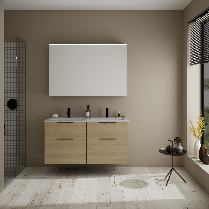 burgbad Eqio Badmöbel-Set 122 cm mit Keramik-Doppelwaschtisch Slim und Unterschrank mit Griff G0200, mit Spiegelschrank