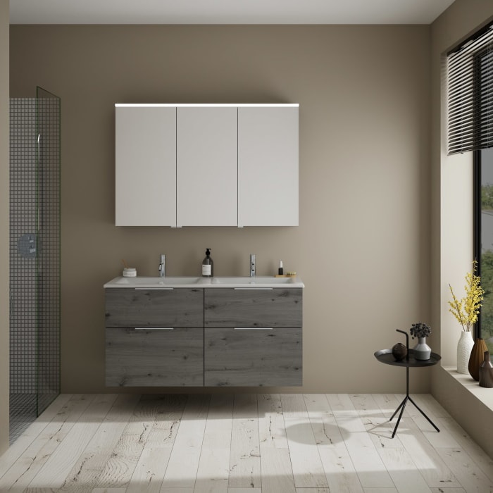 burgbad Eqio Badmöbel-Set 122 cm mit Keramik-Doppelwaschtisch Slim und Unterschrank mit Griff G0146, mit Spiegelschrank