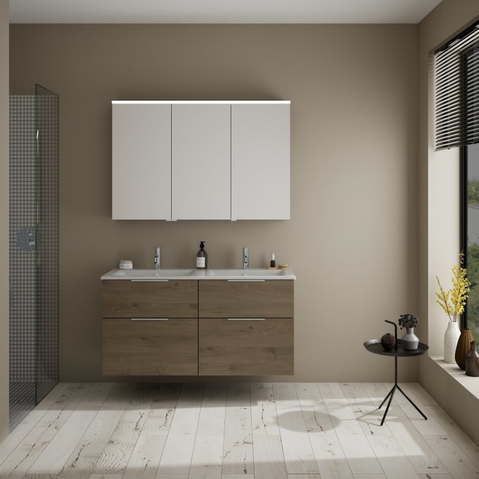 burgbad Eqio Badmöbel-Set 122 cm mit Keramik-Doppelwaschtisch Slim und Unterschrank mit Griff G0146, mit Spiegelschrank