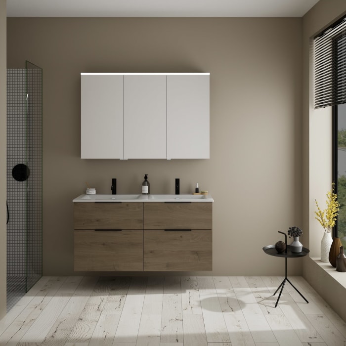 burgbad Eqio Badmöbel-Set 122 cm mit Keramik-Doppelwaschtisch Slim und Unterschrank mit Griff G0200, mit Spiegelschrank