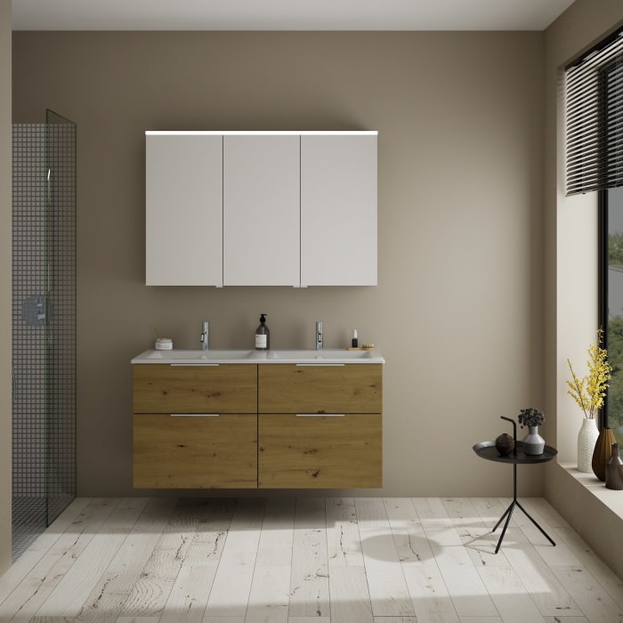 burgbad Eqio Badmöbel-Set 122 cm mit Keramik-Doppelwaschtisch Slim und Unterschrank mit Griff G0146, mit Spiegelschrank