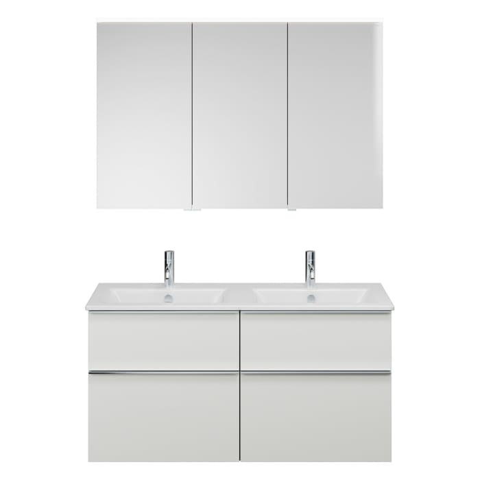 burgbad Eqio Badmöbel-Set 122 cm mit Keramik-Doppelwaschtisch Slim und Unterschrank mit Griffleiste G0251, mit Spiegelschrank