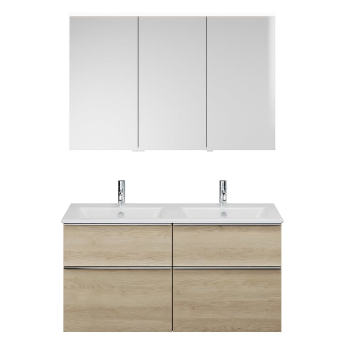 burgbad Eqio Badmöbel-Set 122 cm mit Keramik-Doppelwaschtisch Slim und Unterschrank mit Griffleiste G0251, mit Spiegelschrank