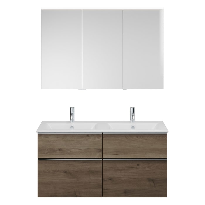 burgbad Eqio Badmöbel-Set 122 cm mit Keramik-Doppelwaschtisch Slim und Unterschrank mit Griffleiste G0251, mit Spiegelschrank