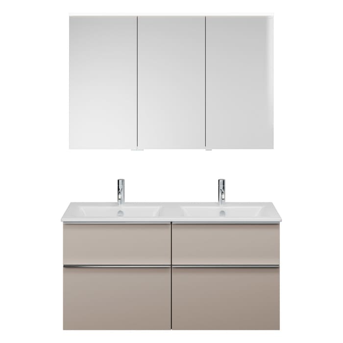 burgbad Eqio Badmöbel-Set 122 cm mit Keramik-Doppelwaschtisch Slim und Unterschrank mit Griffleiste G0251, mit Spiegelschrank