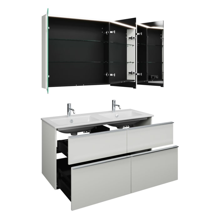 burgbad Eqio Badmöbel-Set 122 cm mit Keramik-Doppelwaschtisch Slim und Unterschrank mit Griffleiste G0251, mit Spiegelschrank