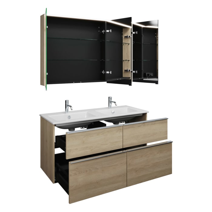 burgbad Eqio Badmöbel-Set 122 cm mit Keramik-Doppelwaschtisch Slim und Unterschrank mit Griffleiste G0251, mit Spiegelschrank