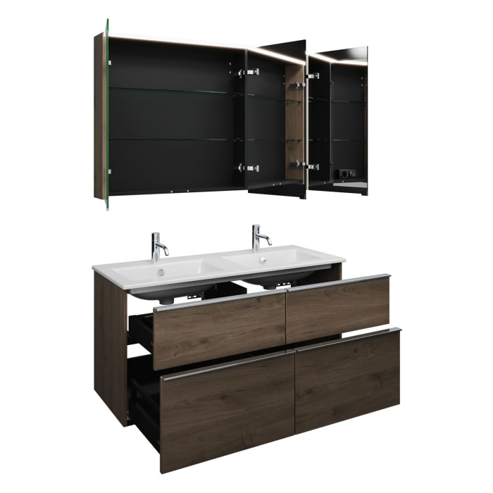 burgbad Eqio Badmöbel-Set 122 cm mit Keramik-Doppelwaschtisch Slim und Unterschrank mit Griffleiste G0251, mit Spiegelschrank