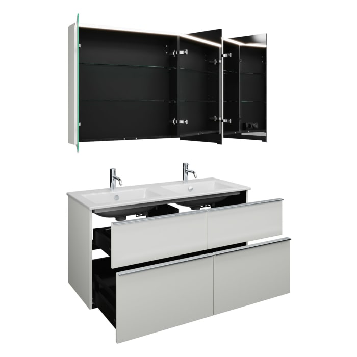 burgbad Eqio Badmöbel-Set 122 cm mit Keramik-Doppelwaschtisch Slim und Unterschrank mit Griffleiste G0251, mit Spiegelschrank