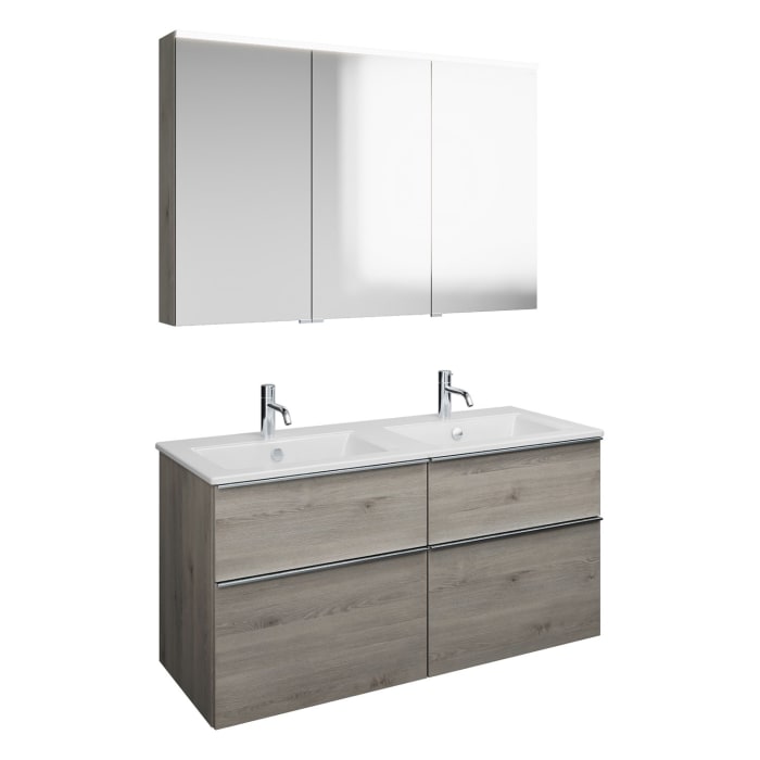 burgbad Eqio Badmöbel-Set 122 cm mit Keramik-Doppelwaschtisch Slim und Unterschrank mit Griffleiste G0251, mit Spiegelschrank