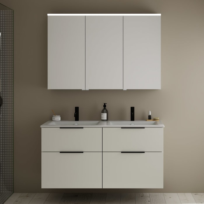 burgbad Eqio Badmöbel-Set 122 cm mit Keramik-Doppelwaschtisch Slim und Unterschrank mit Griff G0200, mit Spiegelschrank